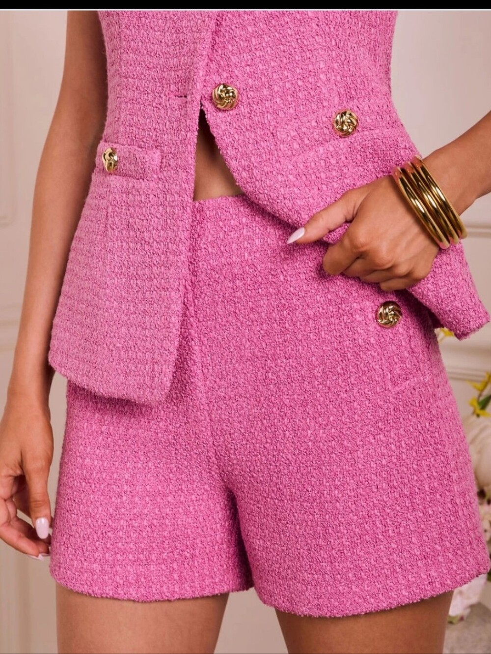 VICI Chrissa Pink Tweed Shorts Gold Button Accents Small NWOT